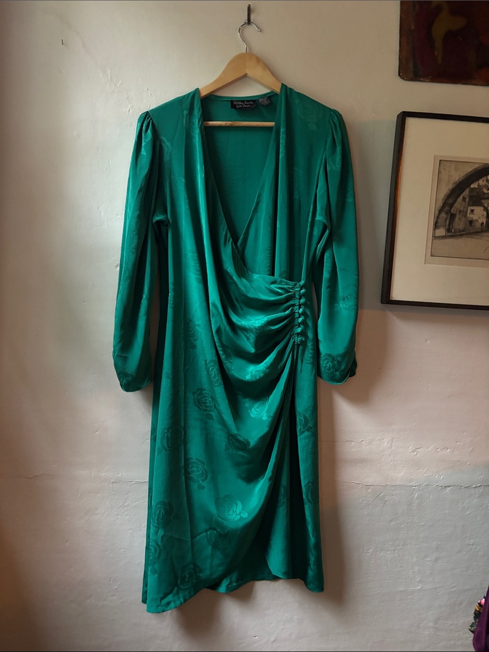 Vintage Emerald Green Draped Wrap Dress w Button Details by Billy Jack